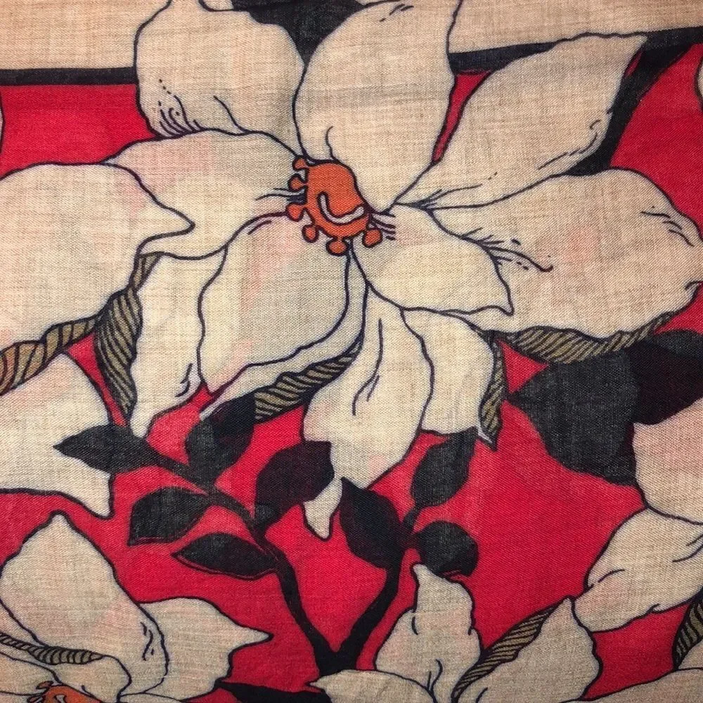 Ann Taylor Large Sandy Brown Orange Navy Red Poinsettia Floral Tasseled Scarf